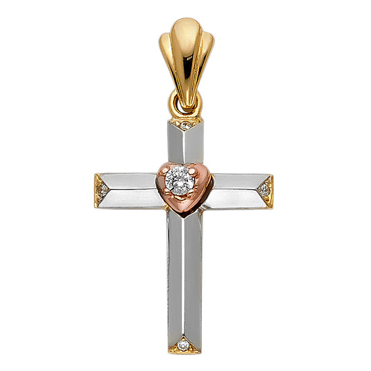 14K Tri-color Gold Religious Cross Charm Pendant  (26mm x 19mm)