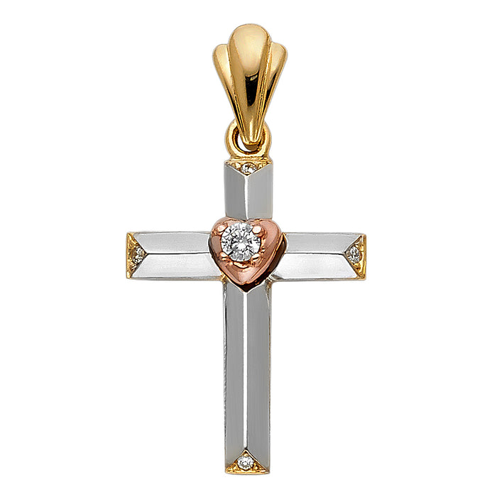 14K Tri-color Gold Religious Cross Charm Pendant  (26mm x 19mm)