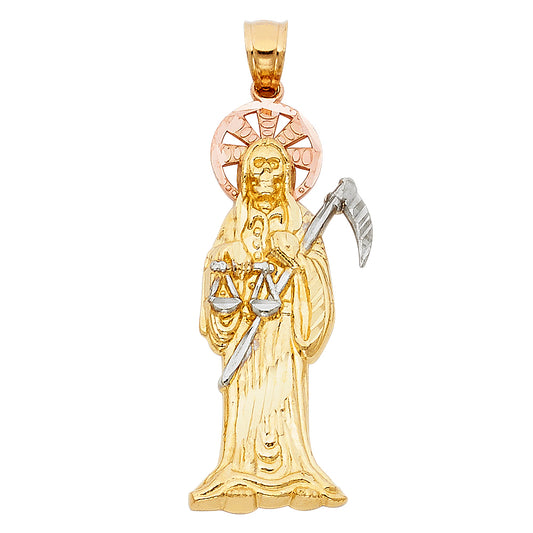 14K Tri-Color Gold Santa Muerte Pendant (15 X 45mm)