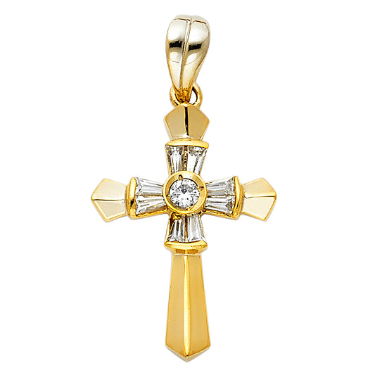 14k Yellow Gold Religious CZ Cross Charm Pendant  (23mm x 17mm)
