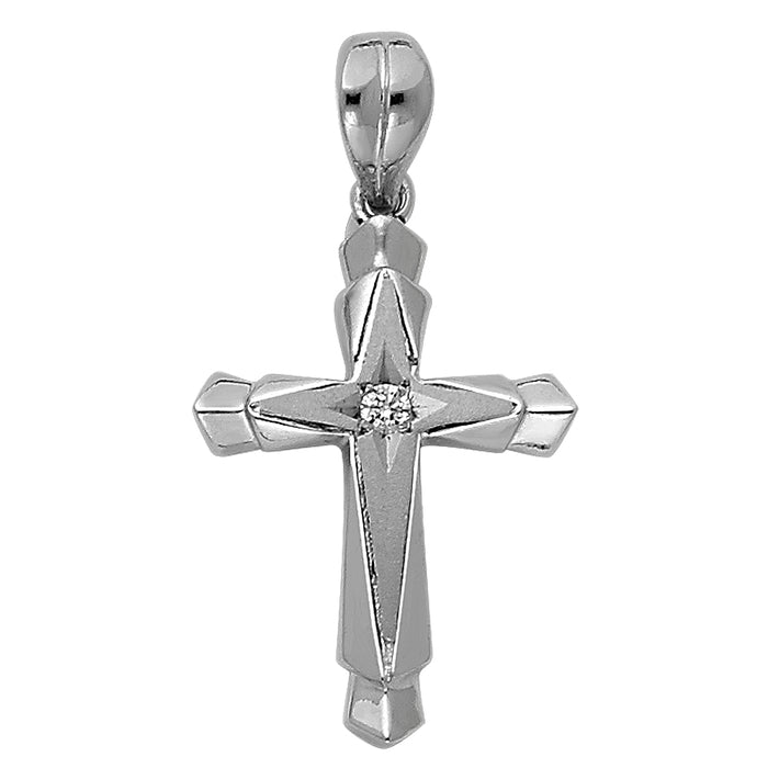 14k White Gold Religious CZ Cross Charm Pendant  (22mm x 16mm)