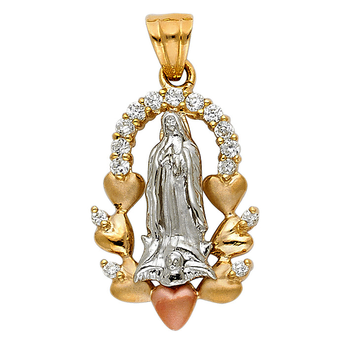 14K Tri-Color Gold with White CZ Accented Our Lady Of Guadalupe Charm Pendant  (24mm x 17mm)