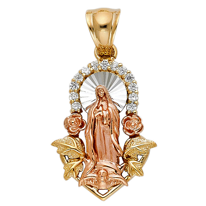 14K Two-tone Gold with White CZ Accented Our Lady Of Guadalupe Charm Pendant  (28mm x 21mm)