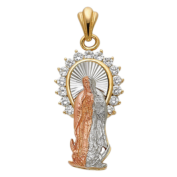 14K Tri-Color Gold Large CZ Our Lady Of Guadalupe Charm Pendant  (34mm x 18mm)