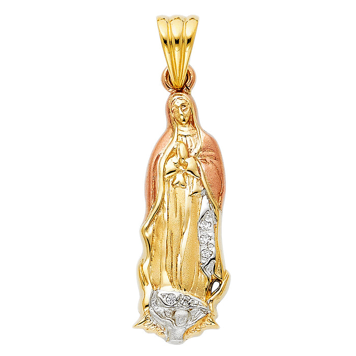 14K Tri-Color Gold with White CZ Accented Our Lady Of Guadalupe Charm Pendant  (33mm x 23mm)