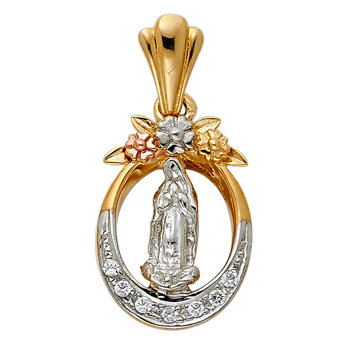 14K Tri-Color Gold with White CZ Accented Our Lady Of Guadalupe Charm Pendant  (20mm x 15mm)