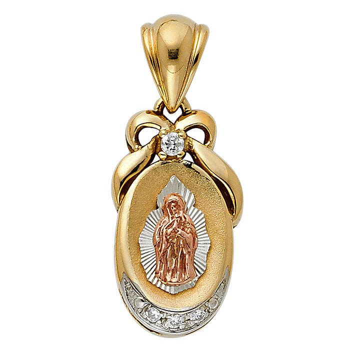 14K Tri-Color Gold with White CZ Accented Our Lady Of Guadalupe Charm Pendant  (22mm x 23mm)