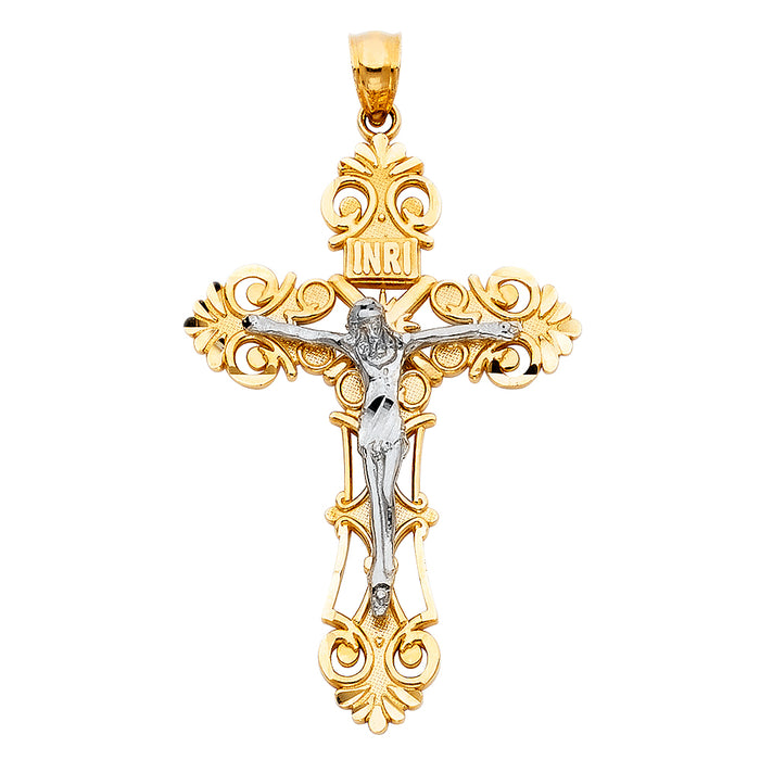 14K Two-Tone Gold Large Religious Crucifix Charm Pendant  (53mm x 35mm)