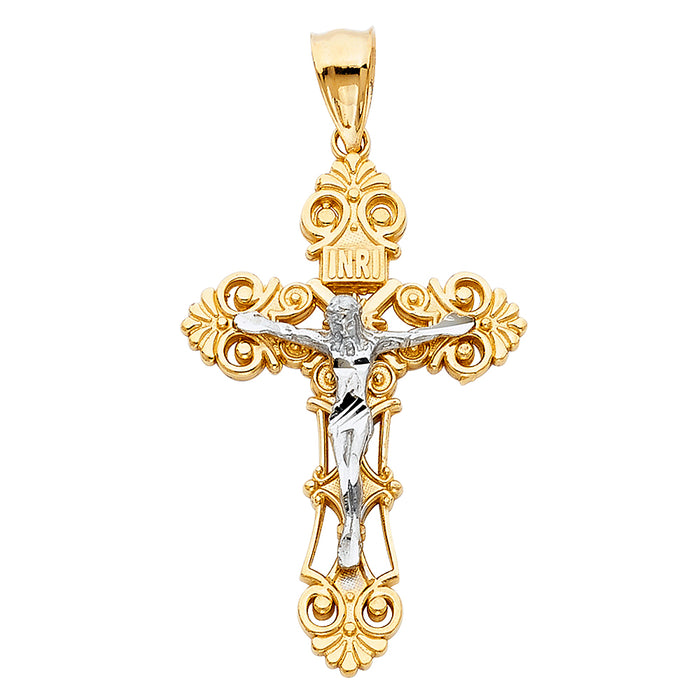 14K Two-tone Gold Religious Crucifix Charm Pendant  (45mm x 29mm)