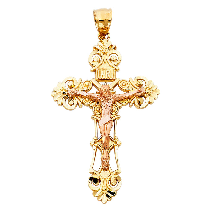 14K Two-tone Gold Religious Crucifix Charm Pendant  (45mm x 30mm)