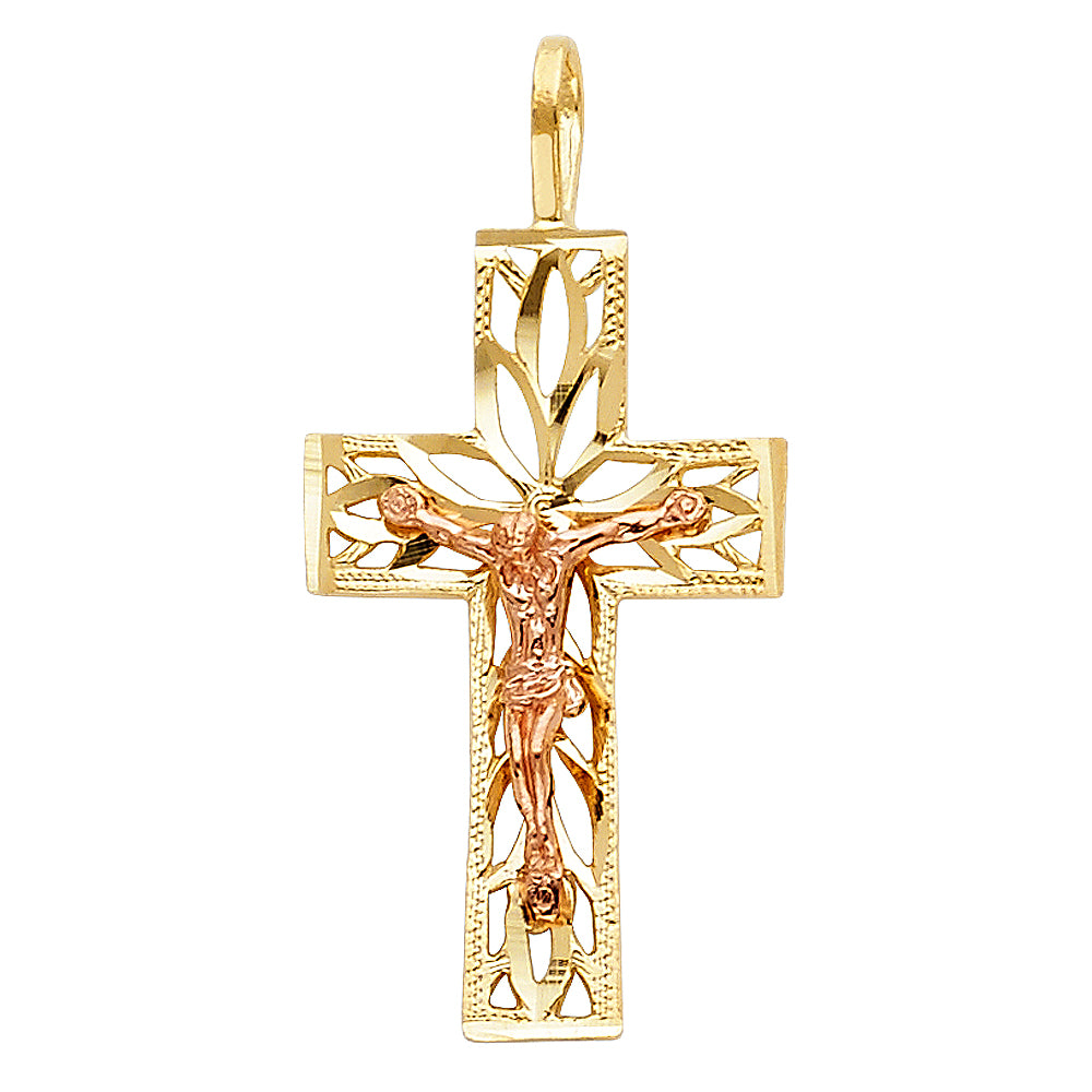 14K Two-tone Gold Small/Mini Religious Crucifix Charm Pendant  (26mm x 15mm)