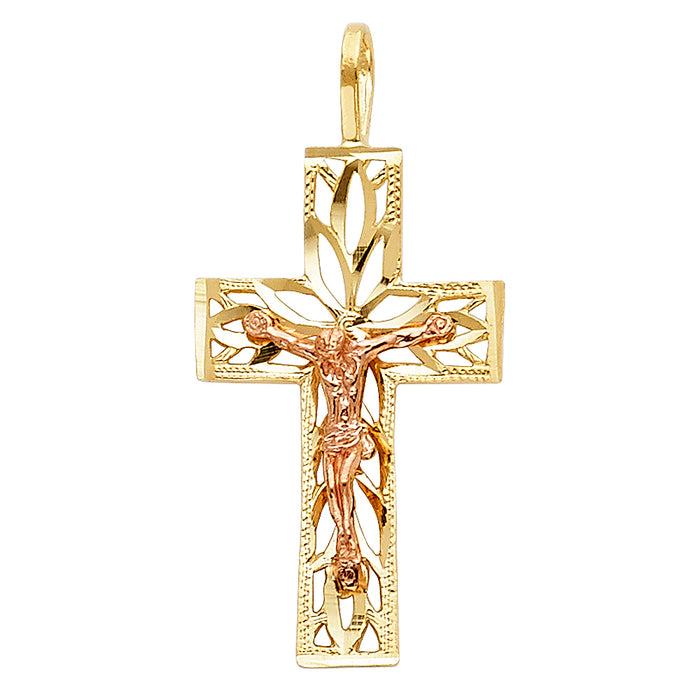 14K Two-tone Gold Small/Mini Religious Crucifix Charm Pendant  (26mm x 15mm)