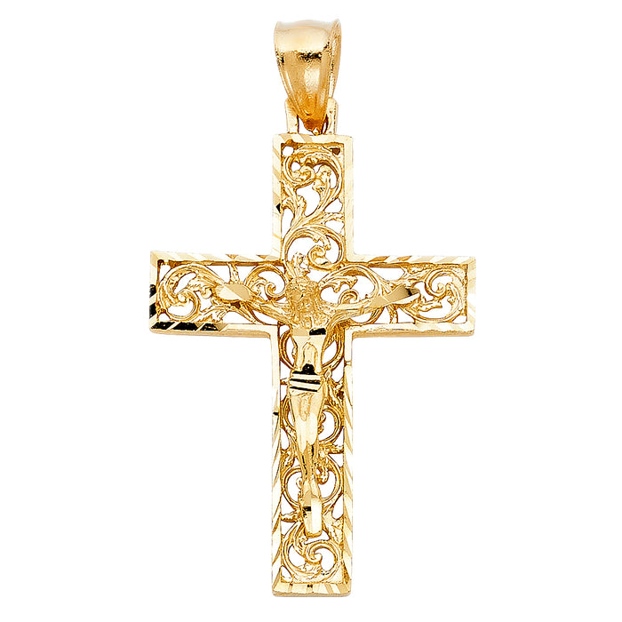 14k Yellow Gold Religious Fancy Crucifix Charm Pendant  (40mm x 28mm)