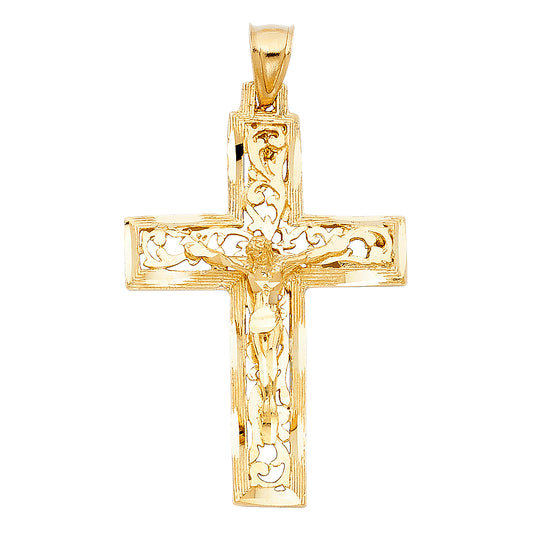 14k Yellow Gold Religious Fancy Crucifix Charm Pendant  (40mm x 28mm)