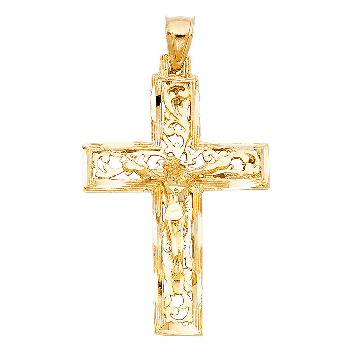 14k Yellow Gold Religious Fancy Crucifix Charm Pendant  (40mm x 28mm)