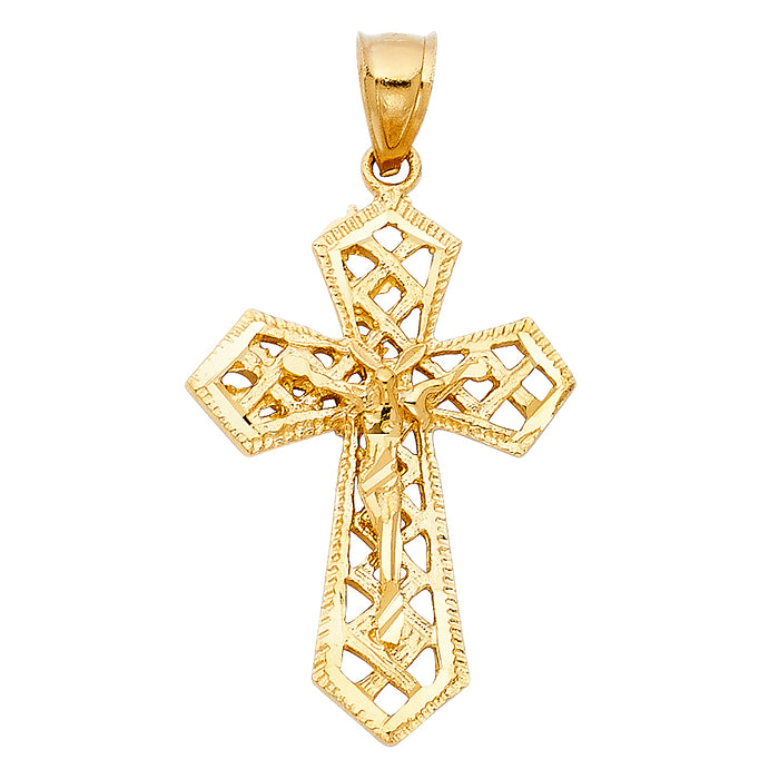 14k Yellow Gold Religious Fancy Crucifix Charm Pendant  (32mm x 23mm)