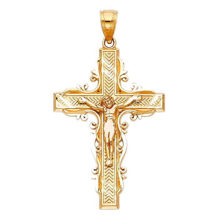 14k Yellow Gold Religious Fancy Crucifix Charm Pendant  (34mm x 23mm)