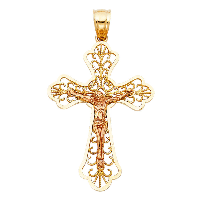 14K Two-tone Gold Religious Fancy Crucifix Charm Pendant  (32mm x 22mm)