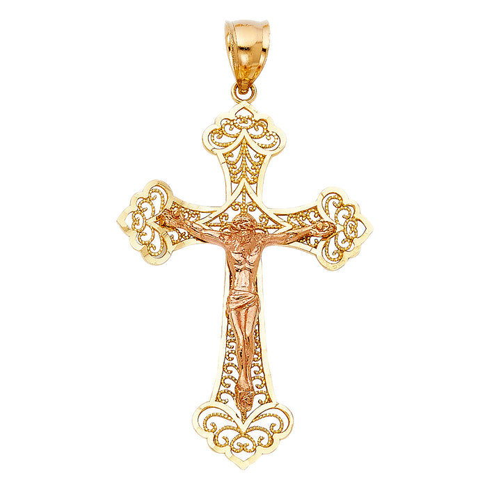 14K Two-tone Gold Religious Fancy Crucifix Charm Pendant  (40mm x 28mm)