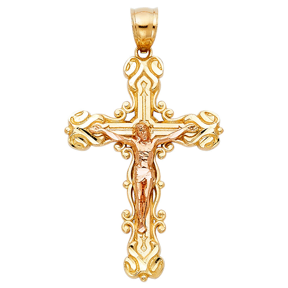 14K Two-tone Gold Religious Fancy Crucifix Charm Pendant  (37mm x 26mm)