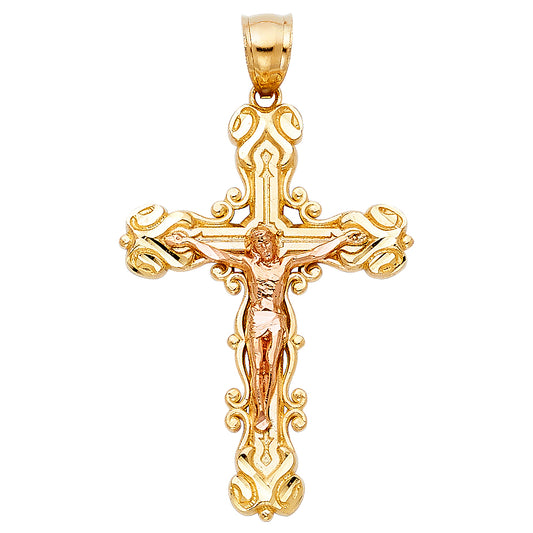 14K Two-tone Gold Religious Fancy Crucifix Charm Pendant  (37mm x 26mm)