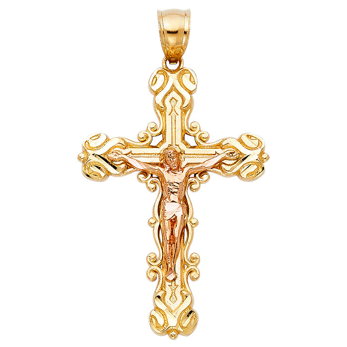 14K Two-tone Gold Religious Fancy Crucifix Charm Pendant  (37mm x 26mm)