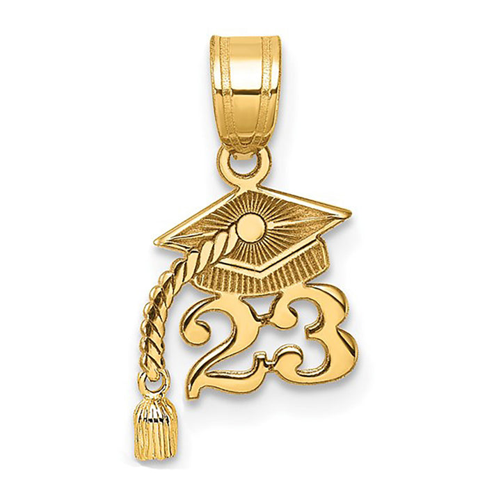 10k Yellow Gold Graduation Necklace Charm Pendant, Graduation Cap with '23 and Dangling Tassel
