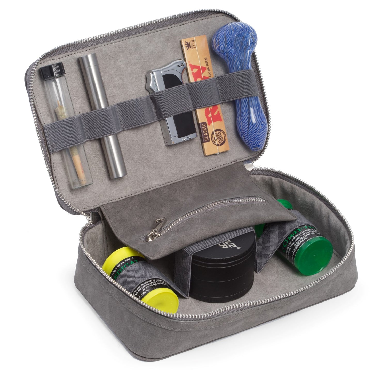 Occasion Gallery GRAY Color Cannabis Accessory Travel Case. Contains 9 Elastic Compartments to Store Standard Glass Pipe, Lighter, Rolling Paper, and Medicine Capsules.  9 L x 7 W x 2.5 H in.