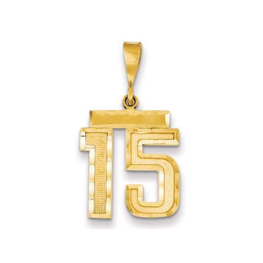 Dije número 15 de Million Charms en oro amarillo de 14 quilates con corte de diamante, tamaño mediano