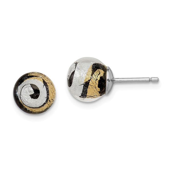 925 Sterling Silver Rhodium-plated Black, Gold & Silver Murano Glass Earrings, 8mm x 8mm