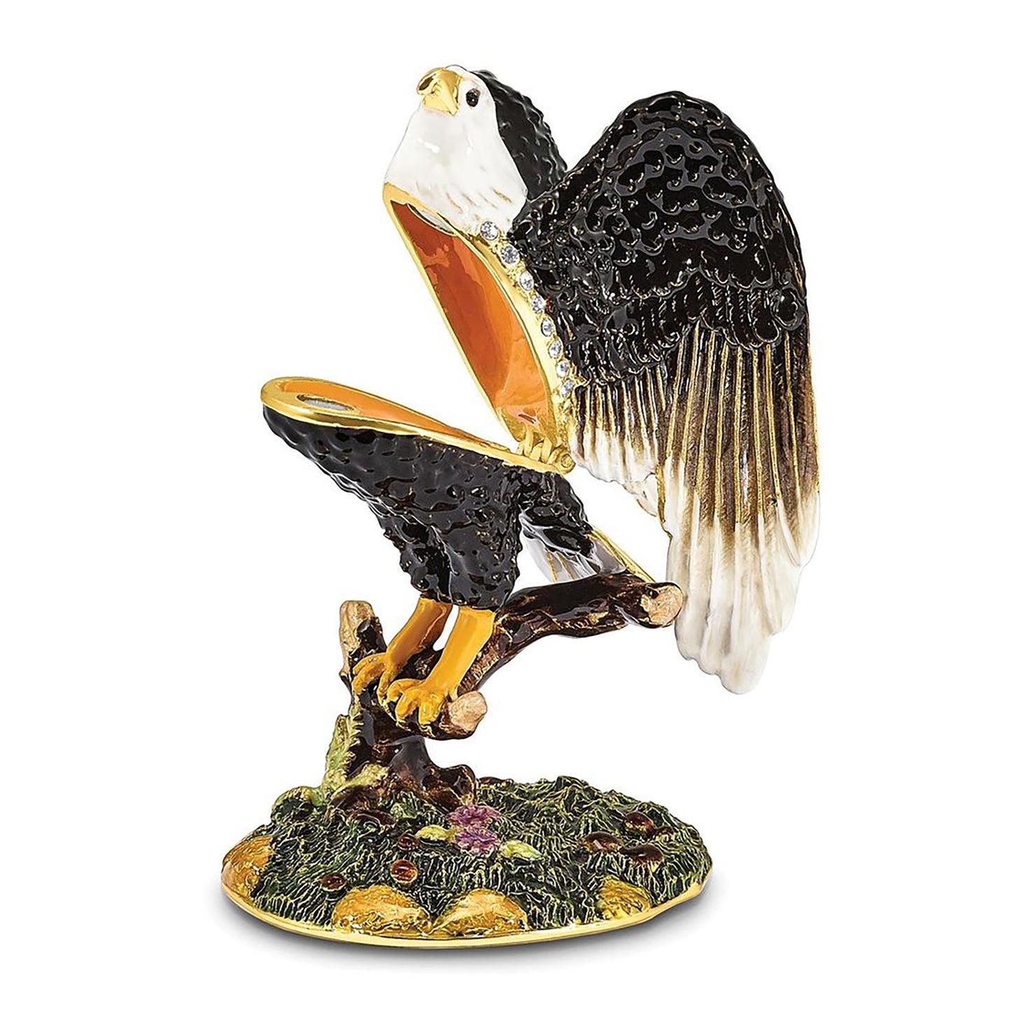 Pewter Bejeweled Crystals Gold-Tone Enameled Liberty Bald Eagle Trinket Container Bejeweled Trinket Box with Matching 18 Inch Necklace, Hand Painted Enameled Collectible Gift