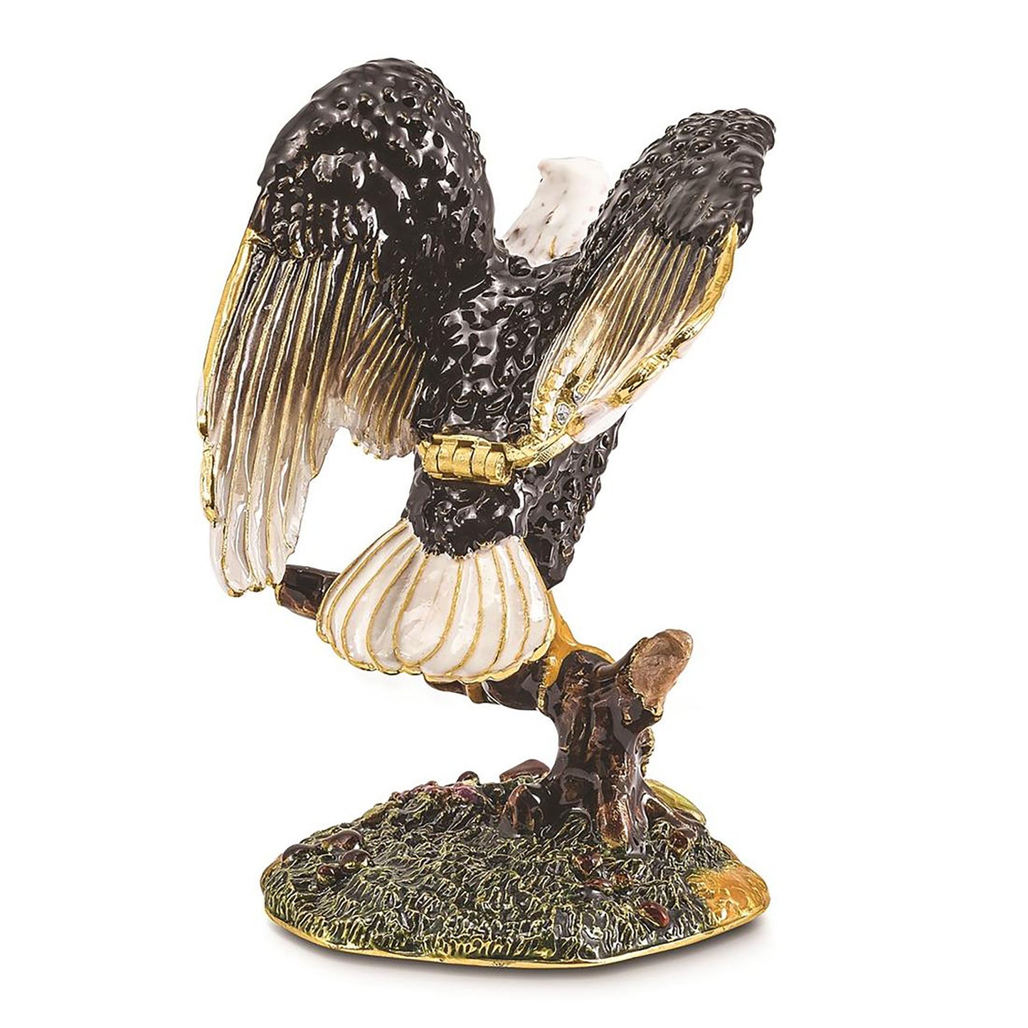 Pewter Bejeweled Crystals Gold-Tone Enameled Liberty Bald Eagle Trinket Container Bejeweled Trinket Box with Matching 18 Inch Necklace, Hand Painted Enameled Collectible Gift