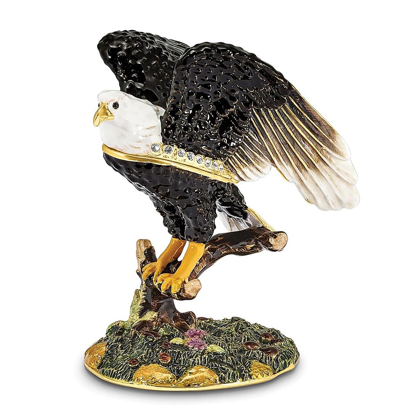 Pewter Bejeweled Crystals Gold-Tone Enameled Liberty Bald Eagle Trinket Container Bejeweled Trinket Box with Matching 18 Inch Necklace, Hand Painted Enameled Collectible Gift