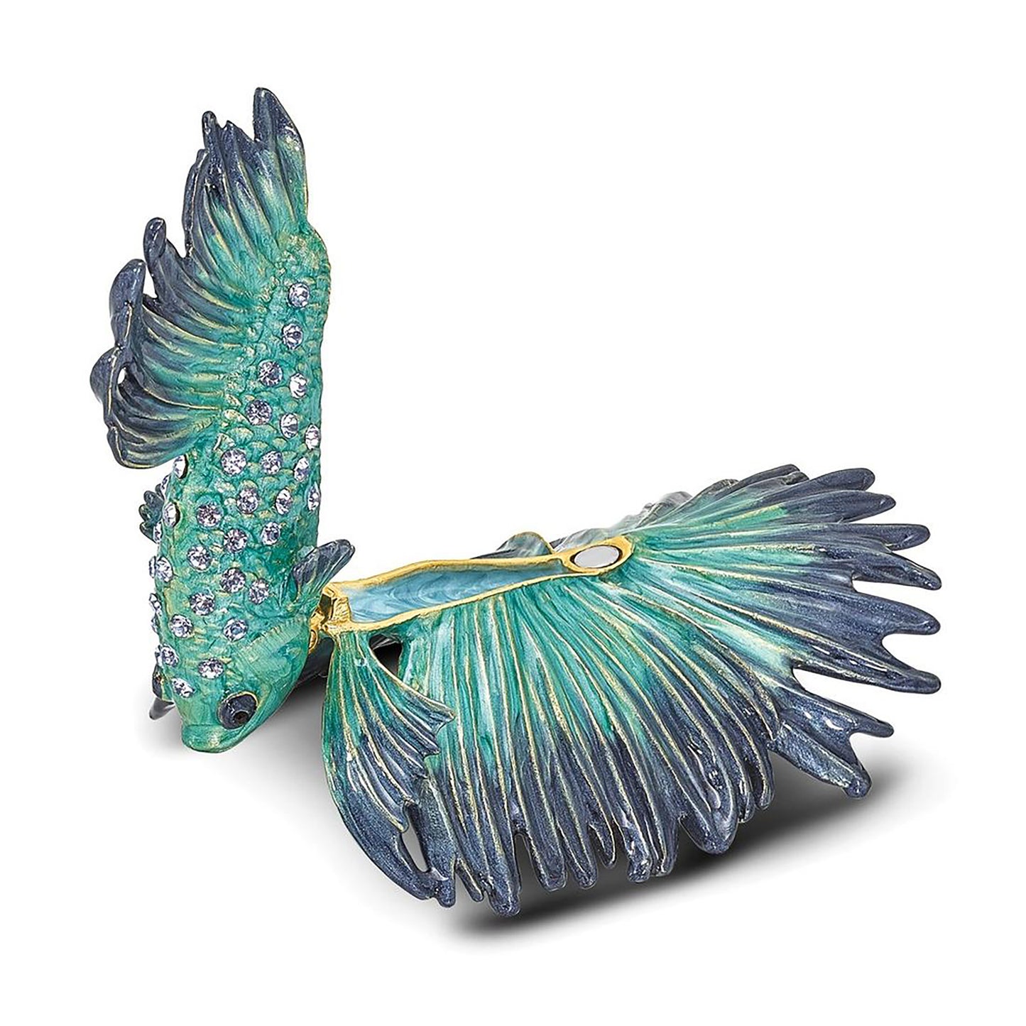 Pewter Bejeweled Crystals Gold-Tone Enameled Sy Betta Fish Trinket Container Bejeweled Trinket Box with Matching 18 Inch Necklace, Hand Painted Enameled Collectible Gift