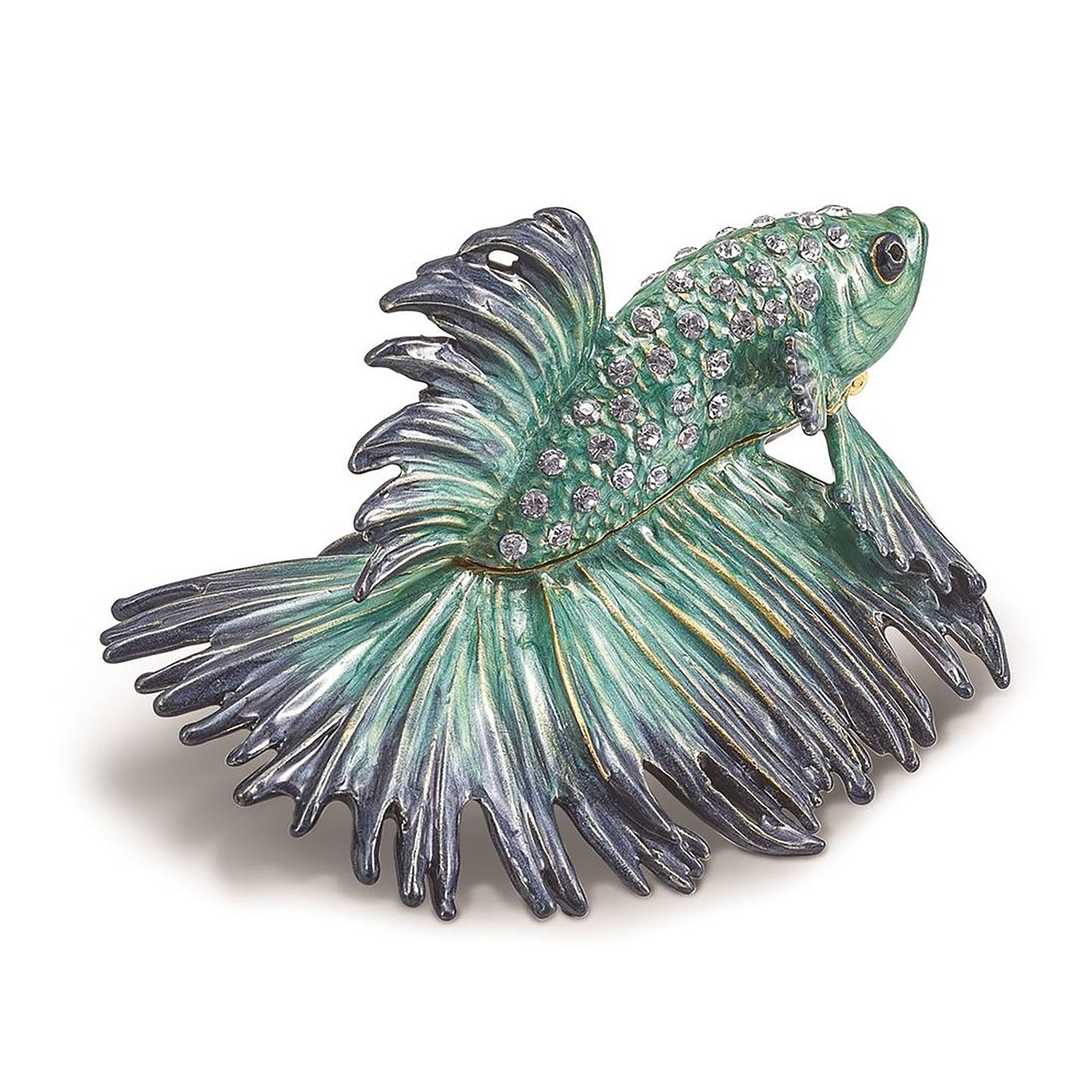 Pewter Bejeweled Crystals Gold-Tone Enameled Sy Betta Fish Trinket Container Bejeweled Trinket Box with Matching 18 Inch Necklace, Hand Painted Enameled Collectible Gift