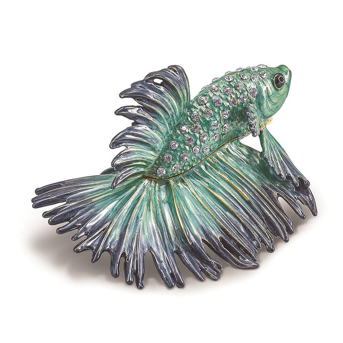 Jere Luxury Giftware Pewter Bejeweled Crystals Gold-Tone Enameled Sy Betta Fish Trinket Container w Matching 18 Inch Necklace