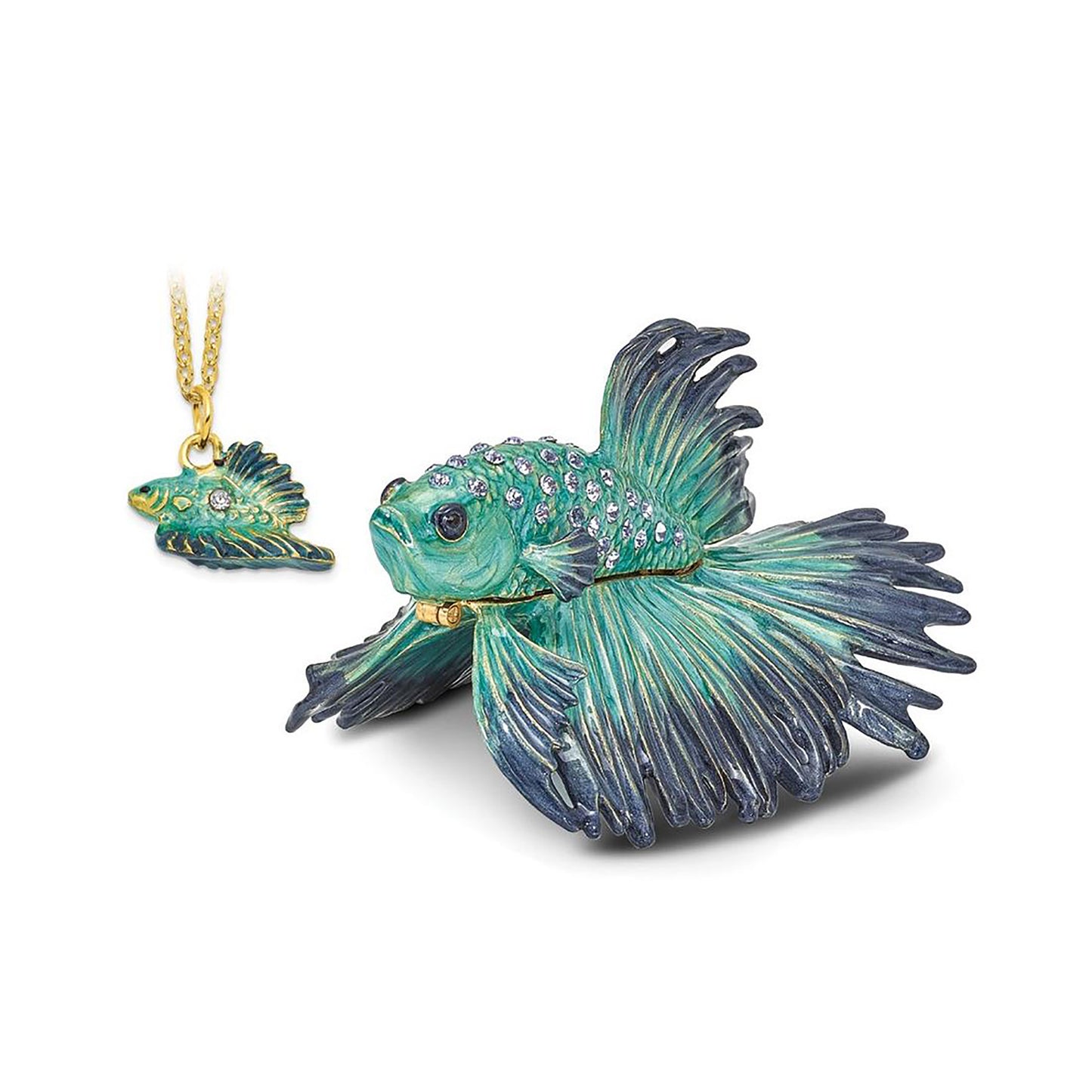Pewter Bejeweled Crystals Gold-Tone Enameled Sy Betta Fish Trinket Container Bejeweled Trinket Box with Matching 18 Inch Necklace, Hand Painted Enameled Collectible Gift