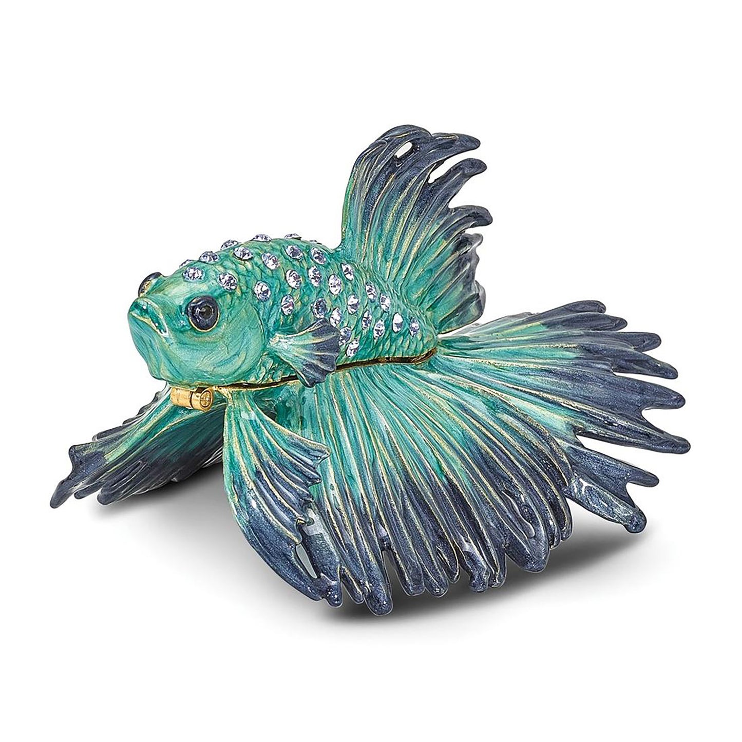 Pewter Bejeweled Crystals Gold-Tone Enameled Sy Betta Fish Trinket Container Bejeweled Trinket Box with Matching 18 Inch Necklace, Hand Painted Enameled Collectible Gift