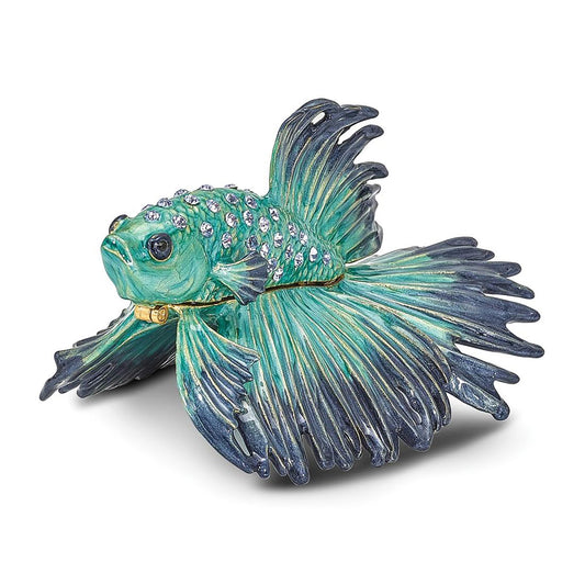 Pewter Bejeweled Crystals Gold-Tone Enameled Sy Betta Fish Trinket Container Bejeweled Trinket Box with Matching 18 Inch Necklace, Hand Painted Enameled Collectible Gift