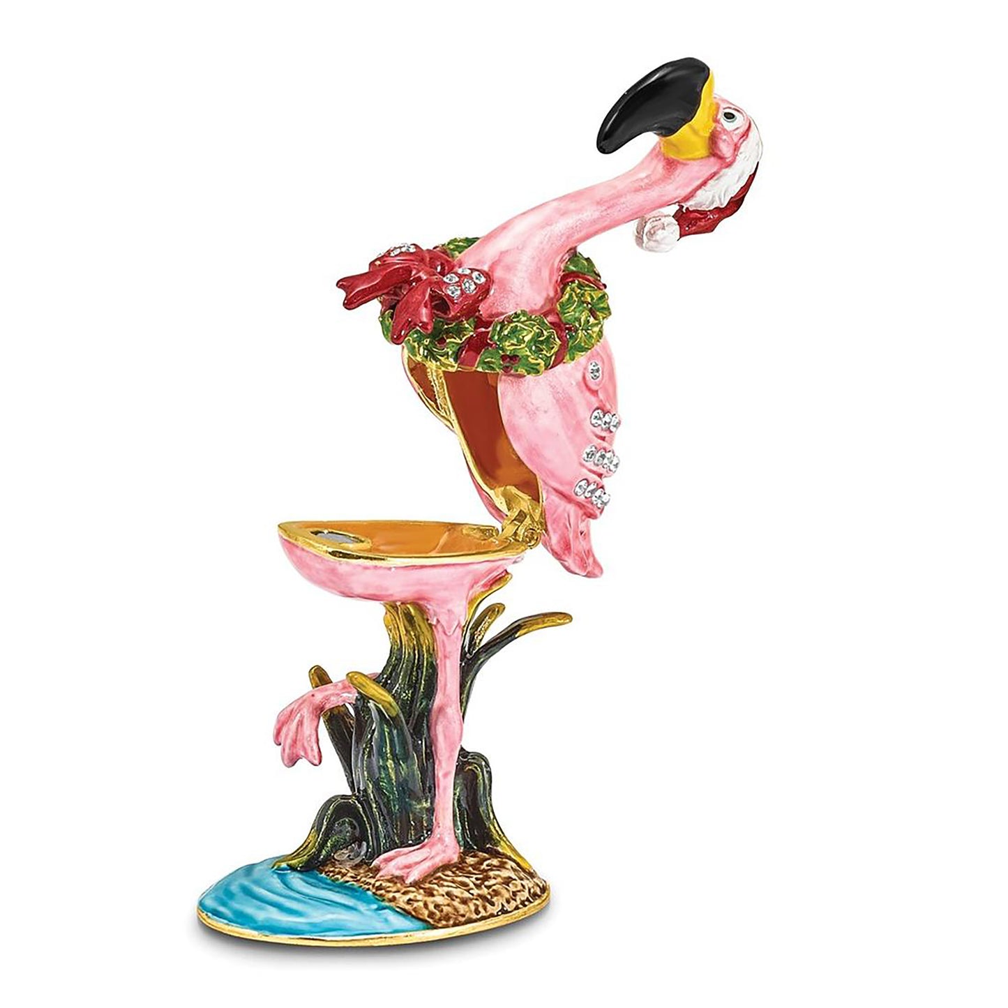 Pewter Bejeweled Crystals Gold-Tone Enameled Lefty Holiday Flamingo Trinket Container Bejeweled Trinket Box with Matching 18 Inch Necklace, Hand Painted Enameled Collectible Gift