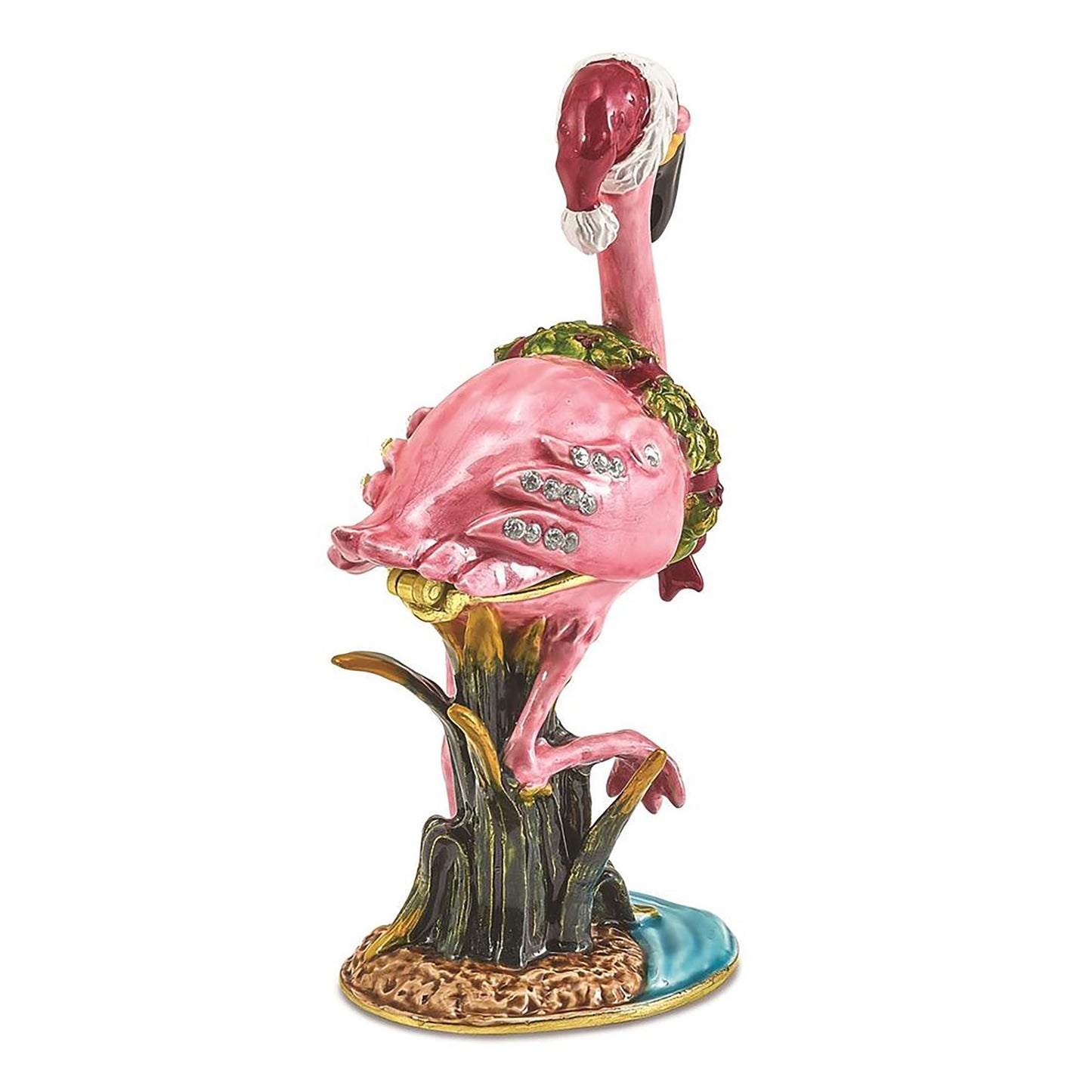 Pewter Bejeweled Crystals Gold-Tone Enameled Lefty Holiday Flamingo Trinket Container Bejeweled Trinket Box with Matching 18 Inch Necklace, Hand Painted Enameled Collectible Gift