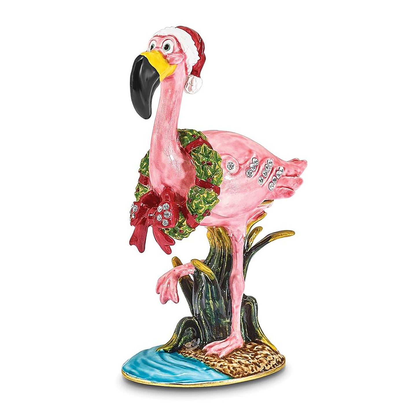 Pewter Bejeweled Crystals Gold-Tone Enameled Lefty Holiday Flamingo Trinket Container Bejeweled Trinket Box with Matching 18 Inch Necklace, Hand Painted Enameled Collectible Gift