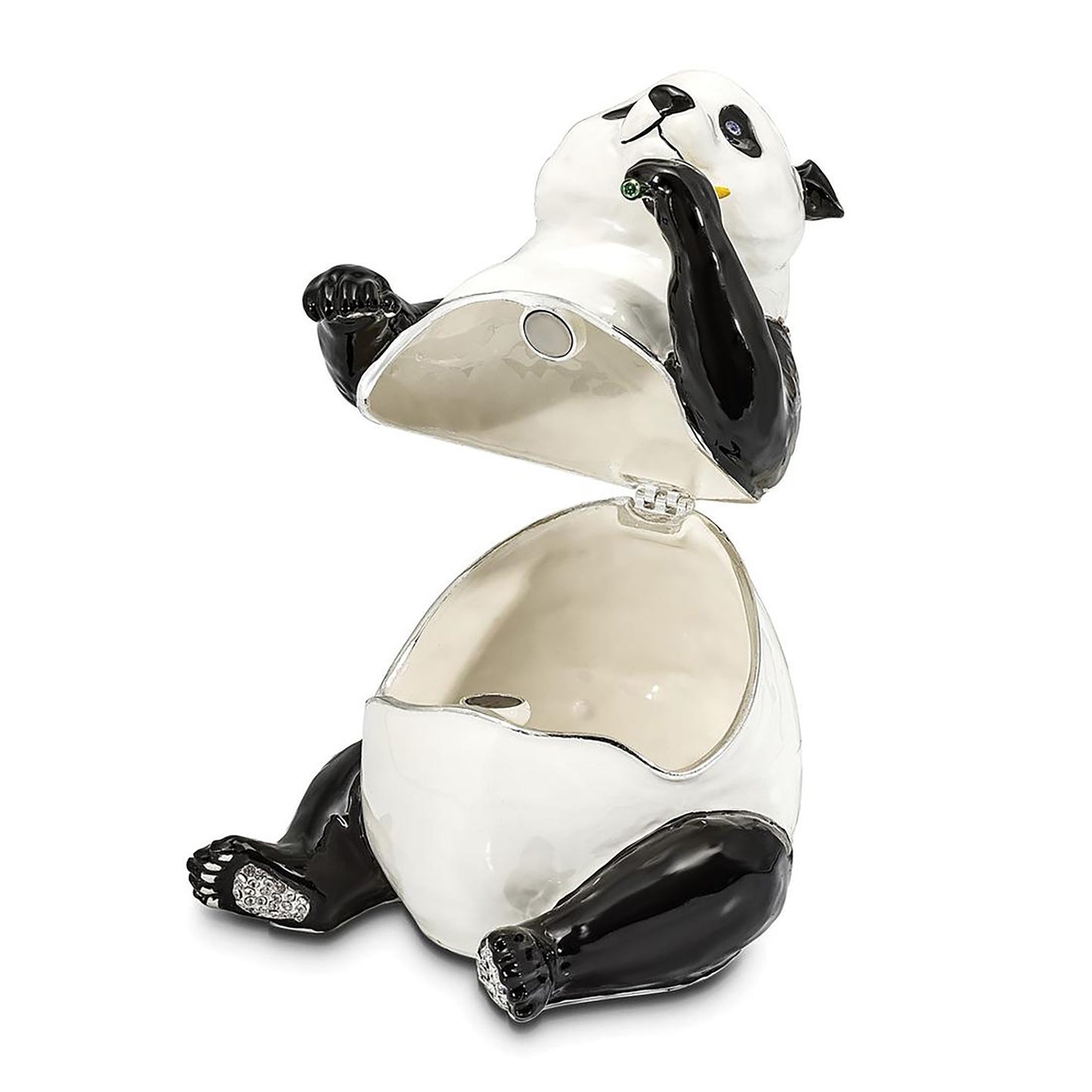 Pewter Bejeweled Crystals Silver-Tone Enameled Manda Panda Large Panda Trinket Container Bejeweled Trinket Box with Matching 18 Inch Necklace, Hand Painted Enameled Collectible Gift