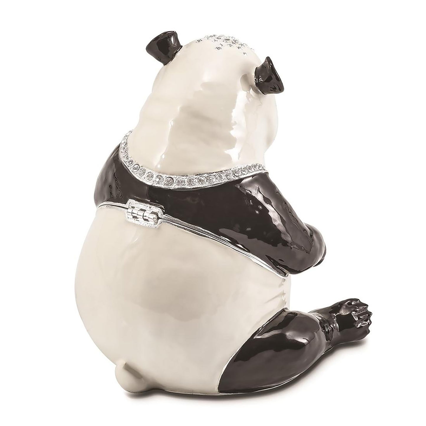 Pewter Bejeweled Crystals Silver-Tone Enameled Manda Panda Large Panda Trinket Container Bejeweled Trinket Box with Matching 18 Inch Necklace, Hand Painted Enameled Collectible Gift