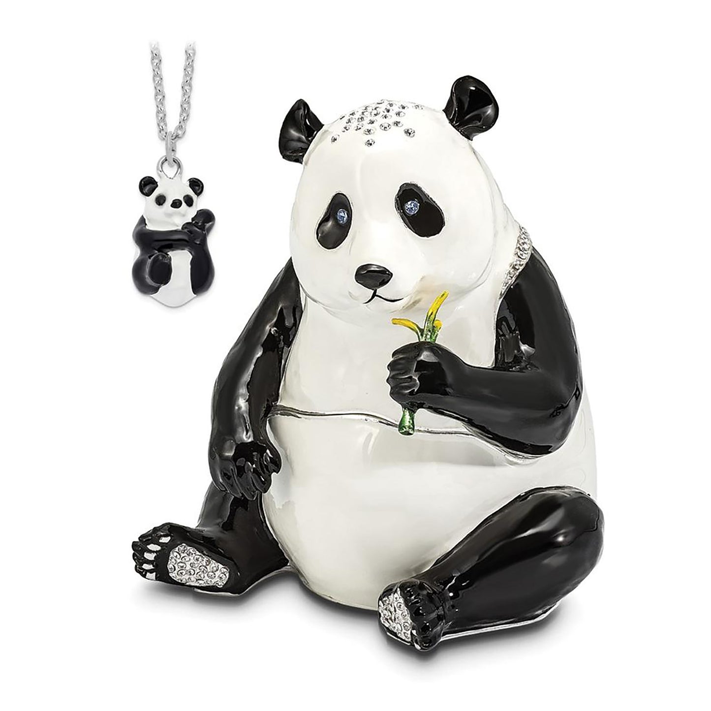 Pewter Bejeweled Crystals Silver-Tone Enameled Manda Panda Large Panda Trinket Container Bejeweled Trinket Box with Matching 18 Inch Necklace, Hand Painted Enameled Collectible Gift