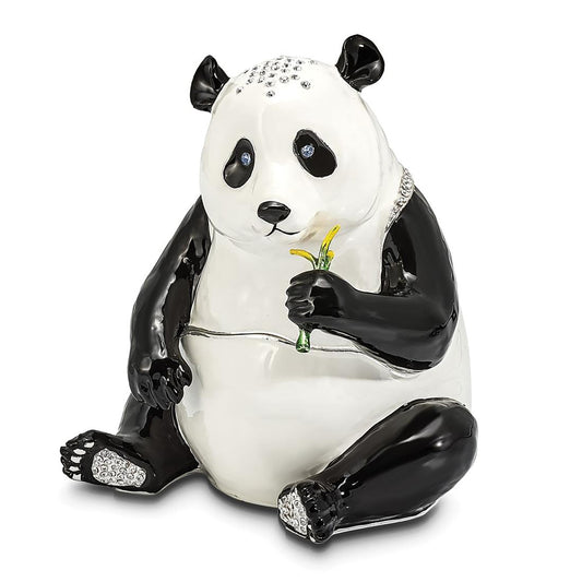 Pewter Bejeweled Crystals Silver-Tone Enameled Manda Panda Large Panda Trinket Container Bejeweled Trinket Box with Matching 18 Inch Necklace, Hand Painted Enameled Collectible Gift