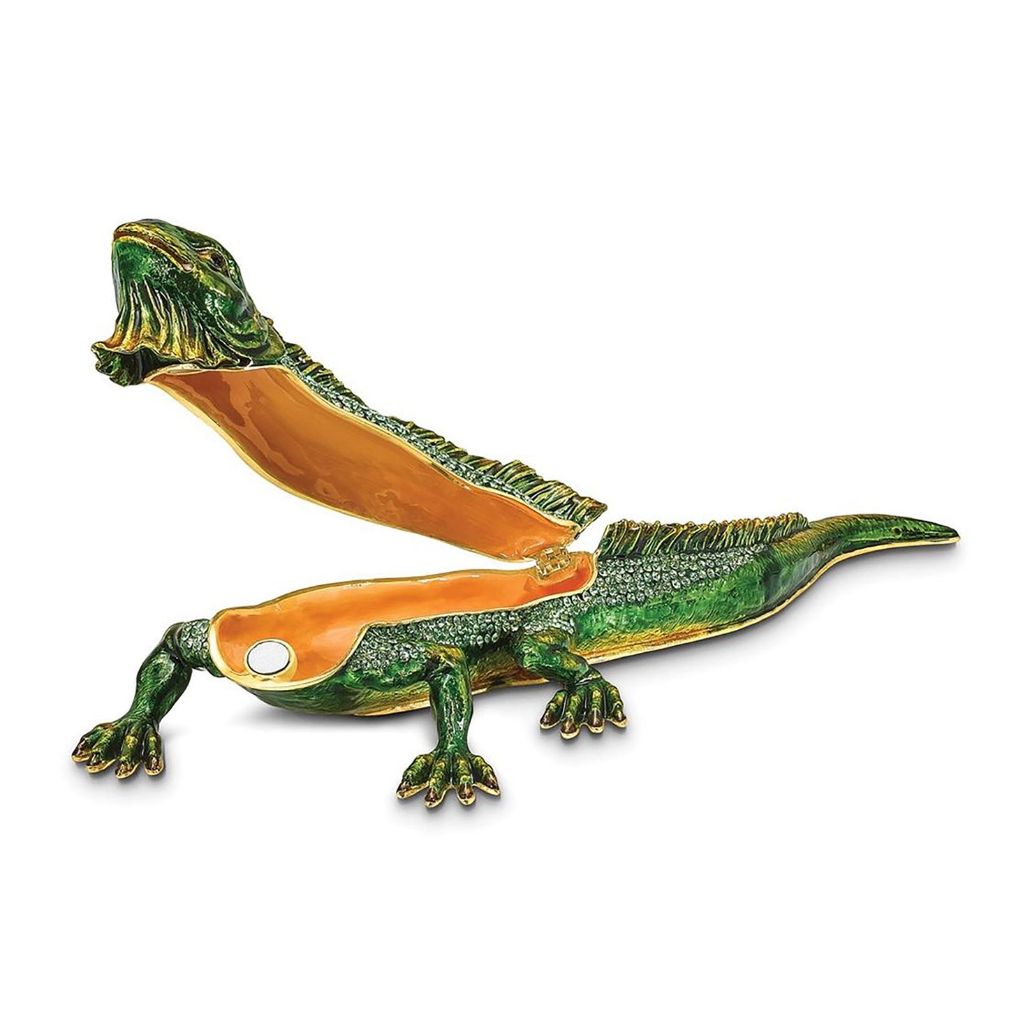Pewter Bejeweled Crystals Gold-Tone Enameled Iggy Iguana Trinket Container Bejeweled Trinket Box with Matching 18 Inch Necklace, Hand Painted Enameled Collectible Gift