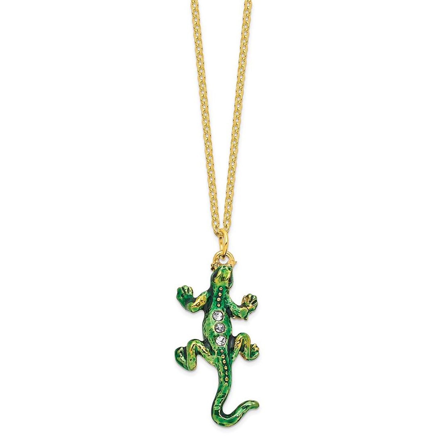 Pewter Bejeweled Crystals Gold-Tone Enameled Iggy Iguana Trinket Container Bejeweled Trinket Box with Matching 18 Inch Necklace, Hand Painted Enameled Collectible Gift