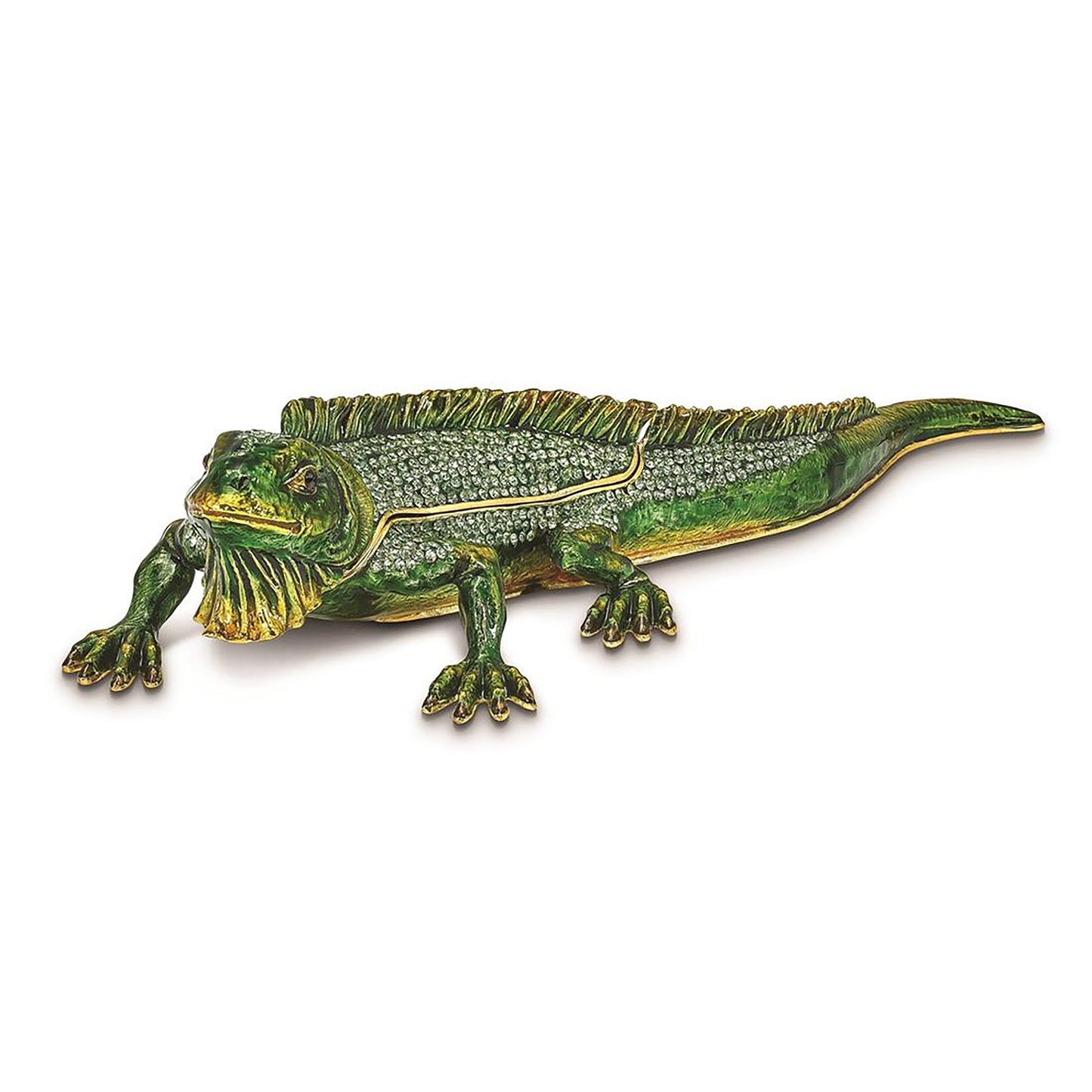 Pewter Bejeweled Crystals Gold-Tone Enameled Iggy Iguana Trinket Container Bejeweled Trinket Box with Matching 18 Inch Necklace, Hand Painted Enameled Collectible Gift