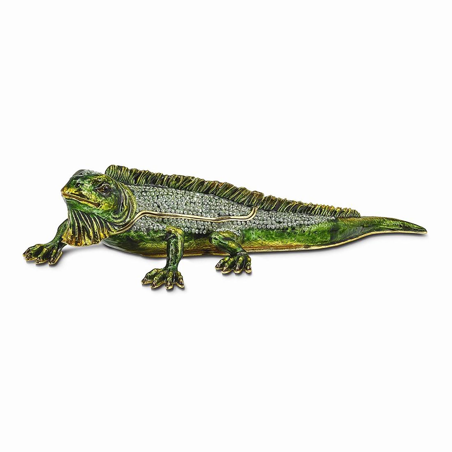 Pewter Bejeweled Crystals Gold-Tone Enameled Iggy Iguana Trinket Container Bejeweled Trinket Box with Matching 18 Inch Necklace, Hand Painted Enameled Collectible Gift